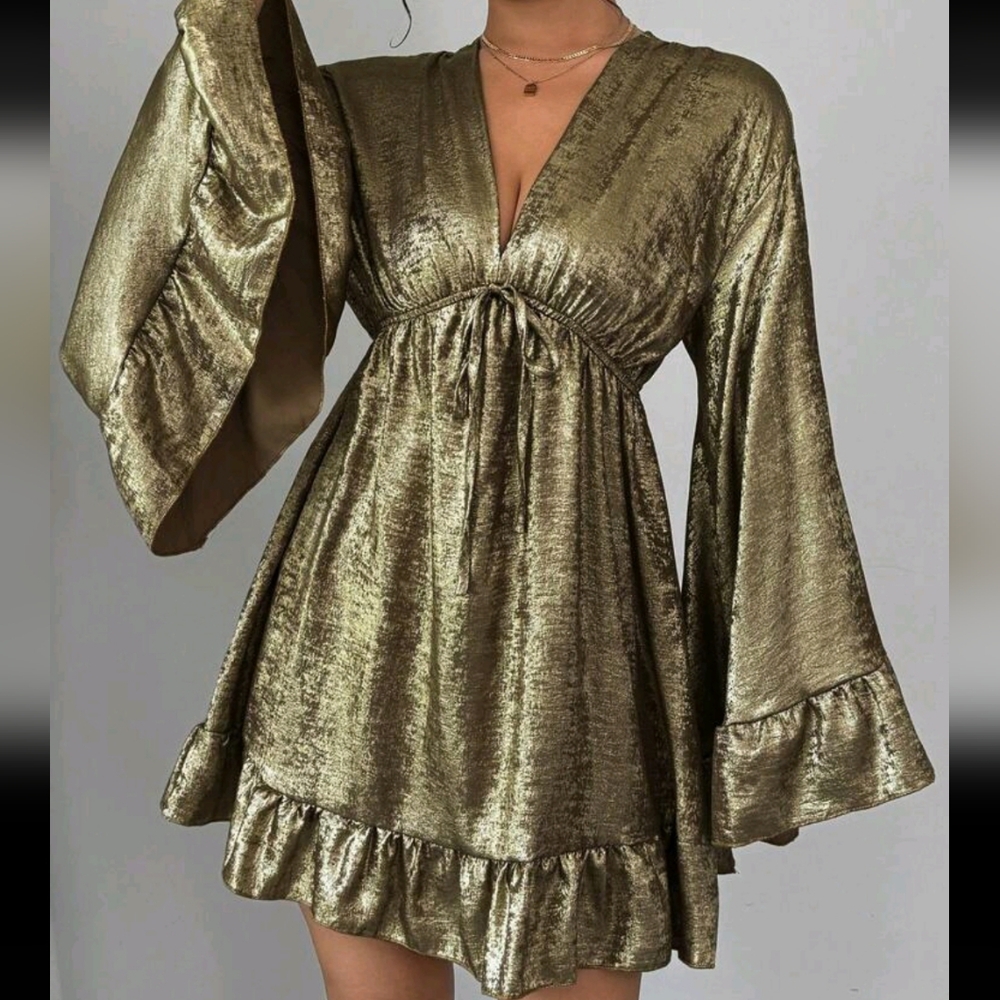 Women Elegant Textured Flare Sleeve Dress, Autumn - Picture 2 of 4